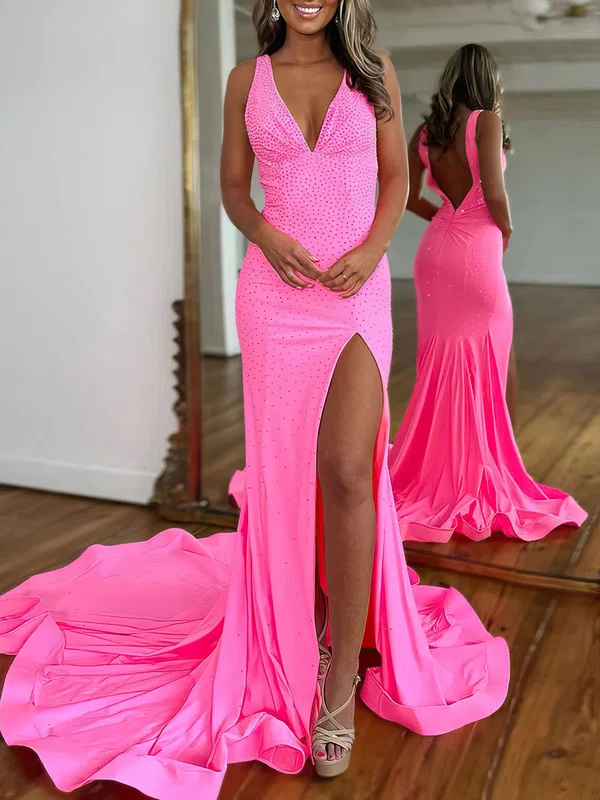 Trumpet/Mermaid V-neck Jersey Court Train Prom Dresses With Split Front #UKM020121629