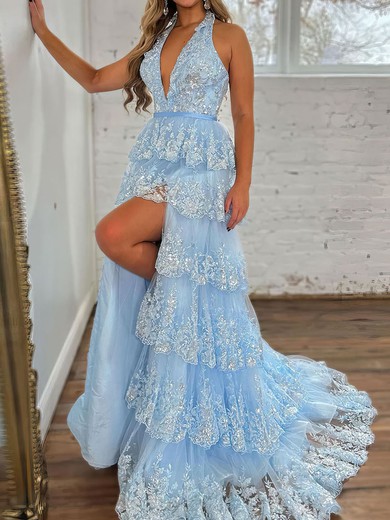 Ball Gown/Princess Halter Tulle Sweep Train Prom Dresses With Appliques Lace #UKM020121630