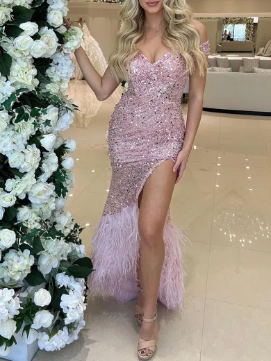 Sheath/Column Off-the-shoulder Sequined Floor-length Prom Dresses With Feathers / Fur #UKM020121632