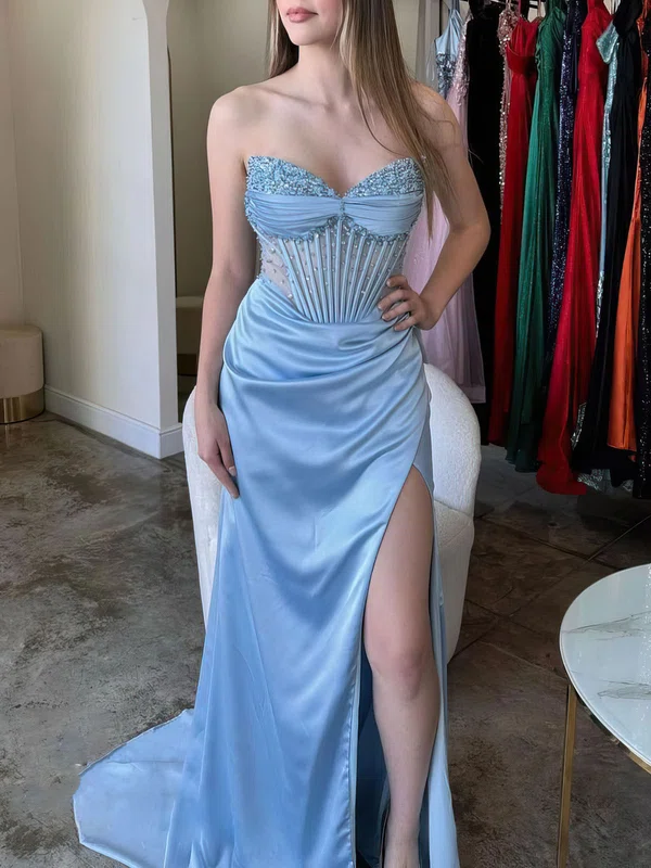 Sheath/Column V-neck Satin Corset Prom Dresses With Ruched #UKM020121645