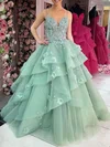 Ball Gown/Princess V-neck Organza Sweep Train Prom Dresses With Tiered #UKM020121654