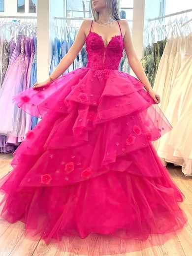 Ball Gown/Princess V-neck Organza Sweep Train Prom Dresses With Appliques Lace #UKM020121655