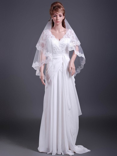 Two-tier Elbow Wedding Veils with Lace Applique Edge #1430014
