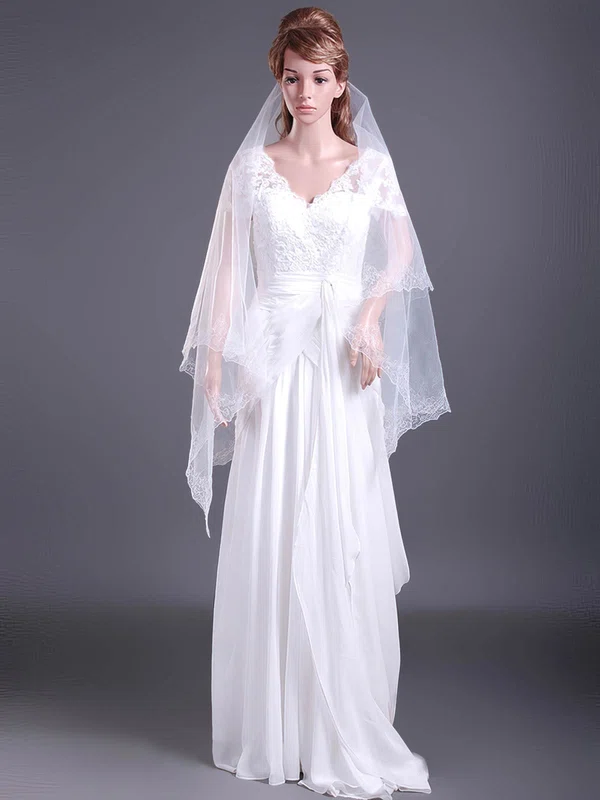 Two-tier Fingertip Wedding Veils with Lace Applique Edge #1430016