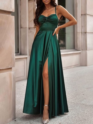 A-line Sweetheart Silk-like Satin Floor-length Prom Dresses With Split Front #UKM020121825