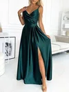 A-line V-neck Silk-like Satin Floor-length Prom Dresses With Split Front #UKM020121826