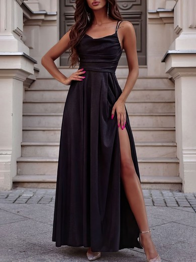 A-line Cowl Neck Shimmer Crepe Floor-length Prom Dresses With Split Front #UKM020121828