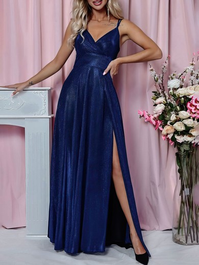 A-line V-neck Shimmer Crepe Floor-length Prom Dresses With Split Front #UKM020121830
