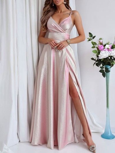 A-line V-neck Shimmer Crepe Floor-length Prom Dresses With Split Front #UKM020121834