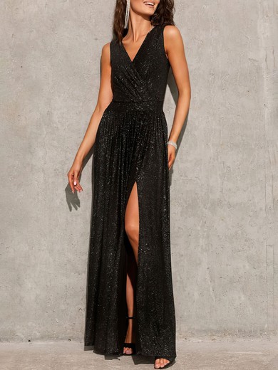 A-line V-neck Shimmer Crepe Floor-length Prom Dresses With Split Front #UKM020121835