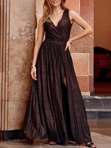 A-line V-neck Shimmer Crepe Floor-length Prom Dresses With Split Front #UKM020121836