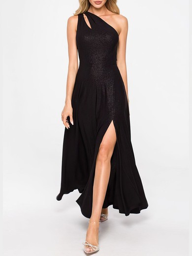 A-line One Shoulder Shimmer Crepe Ankle-length Prom Dresses With Split Front #UKM020121840