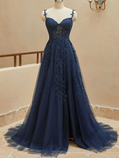 Ball Gown/Princess Sweetheart Lace Tulle Sweep Train Prom Dresses With Appliques Lace #UKM020121846