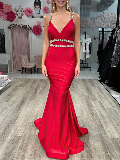 Trumpet/Mermaid V-neck Jersey Sweep Train Prom Dresses With Ruched #UKM020121852