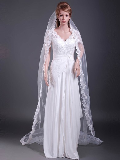 One-tier Cathedral Wedding Veils with Lace Applique Edge #1430023