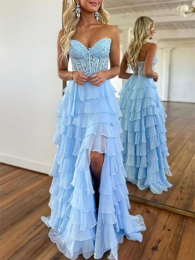 A-line Sweetheart Chiffon Sweep Train Prom Dresses With Appliques Lace #UKM020121854