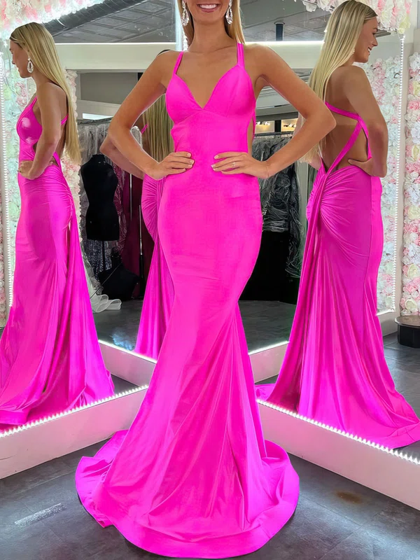 Trumpet/Mermaid V-neck Jersey Sweep Train Ruched Prom Dresses #UKM020120910