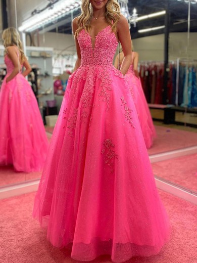 Ball Gown V-neck Tulle Floor-length Appliques Lace Prom Dresses #UKM020120872