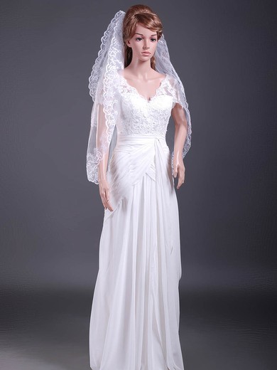 Two-tier Tulle Elbow Wedding Veils with Lace Applique Edge #1430025