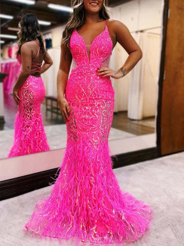 Trumpet/Mermaid V-neck Sequined Sweep Train Prom Dresses With Feathers / Fur #UKM020121666