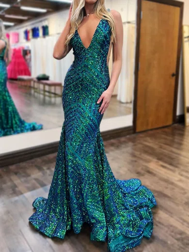 Mermaid V-neck Backless Sparkly Sequin Prom Dresses #UKM020121675