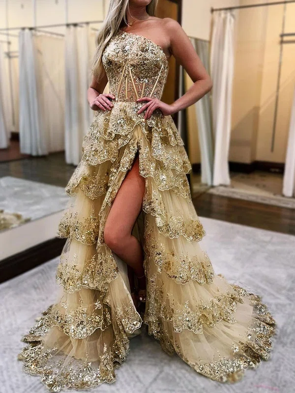 Ball Gown One Shoulder Sequin Tiered Prom Dresses #UKM020121676