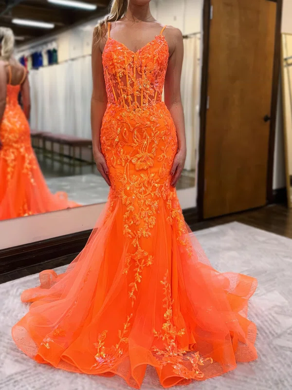 Mermaid V-neck Tulle Prom Dresses With Appliques #UKM020121677