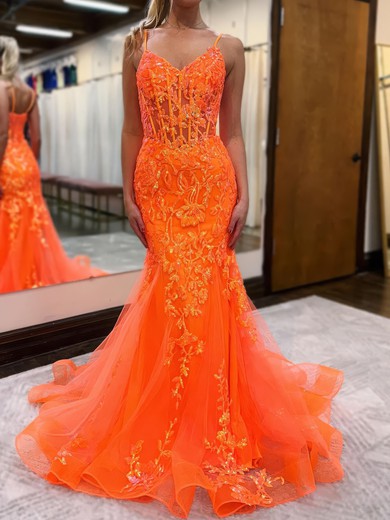 Mermaid V-neck Tulle Prom Dresses With Appliques #UKM020121677
