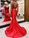 Trumpet/Mermaid V-neck Silk-like Satin Sweep Train Prom Dresses With Appliques Lace #UKM020121678