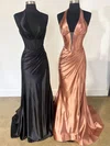 Trumpet/Mermaid Halter Silk-like Satin Sweep Train Prom Dresses With Ruched #UKM020121682