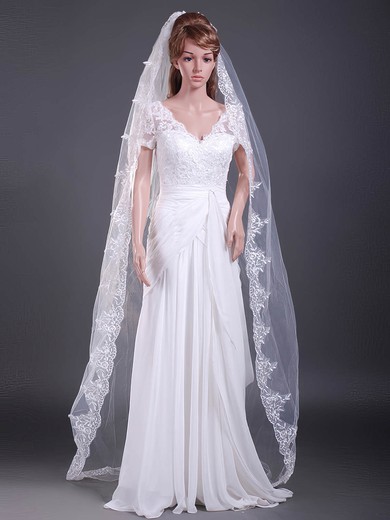Two-tier Tulle Chapel Wedding Veils with Lace Applique Edge #1430027