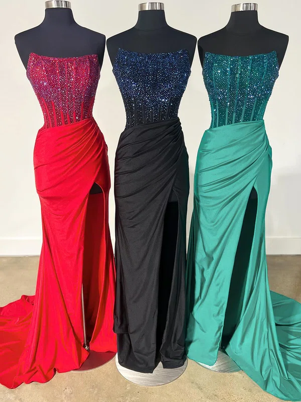 Trumpet/Mermaid Straight Jersey Sweep Train Prom Dresses With Ruched #UKM020121684