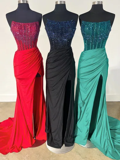 Mermaid Strapless Jersey Corset Prom Dresses With Beading #UKM020121684