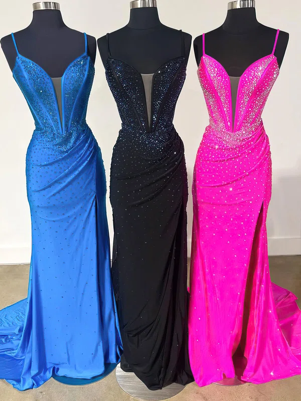Trumpet/Mermaid V-neck Jersey Sweep Train Prom Dresses With Ruched #UKM020121685