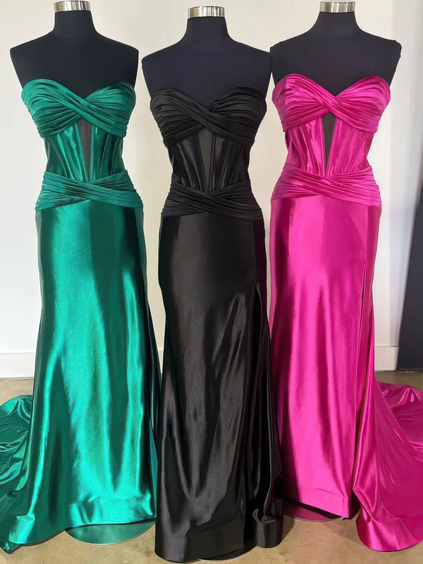 Trumpet/Mermaid Sweetheart Silk-like Satin Sweep Train Prom Dresses With Ruched #UKM020121686