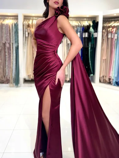 Sheath/Column One Shoulder Satin Floor-length Evening Dresses With Split Front PT020121698