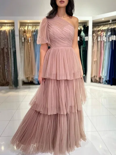 Ball Gown One Shoulder Tulle Ruffle Tiered Prom Dresses With Sleeves #UKM020121699