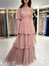 Ball Gown/Princess One Shoulder Tulle Floor-length Prom Dresses With Tiered #UKM020121699