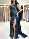 Sheath/Column One Shoulder Silk-like Satin Floor-length Prom Dresses With Split Front #UKM020121701