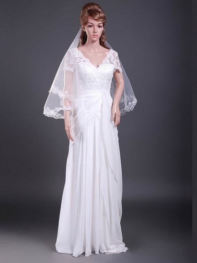 Two-tier Tulle Elbow Wedding Veils with Lace Applique Edge #1430029