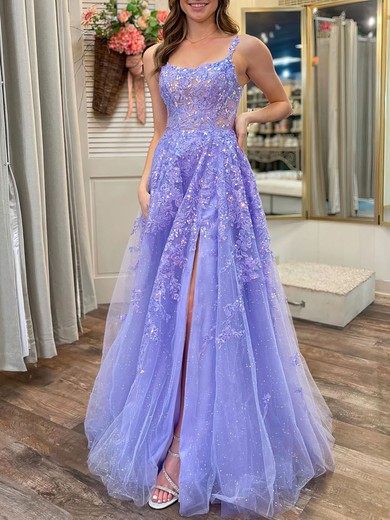 Ball Gown/Princess Scoop Neck Tulle Glitter Floor-length Prom Dresses With Split Front #UKM020121704