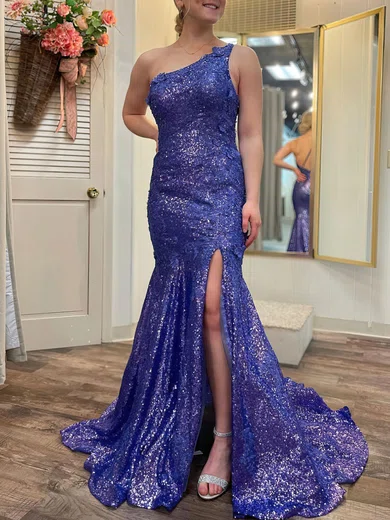 Mermaid One Shoulder Sparkly Sequin Prom Dresses With Appliques #UKM020121705