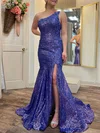 Trumpet/Mermaid One Shoulder Sequined Sweep Train Prom Dresses With Appliques Lace #UKM020121705
