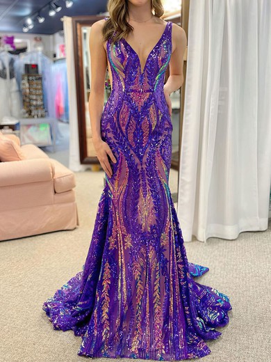 Mermaid V-neck Backless Sparkly Sequin Prom Dresses #UKM020121706
