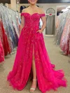 Ball Gown/Princess Off-the-shoulder Tulle Glitter Sweep Train Prom Dresses With Appliques Lace #UKM020121710