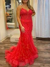 Trumpet/Mermaid V-neck Tulle Sweep Train Prom Dresses With Appliques Lace #UKM020121713