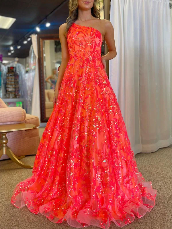 Ball Gown/Princess One Shoulder Tulle Sweep Train Prom Dresses With Appliques Lace #UKM020121716