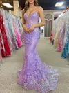 Trumpet/Mermaid V-neck Glitter Sweep Train Prom Dresses With Appliques Lace #UKM020121722