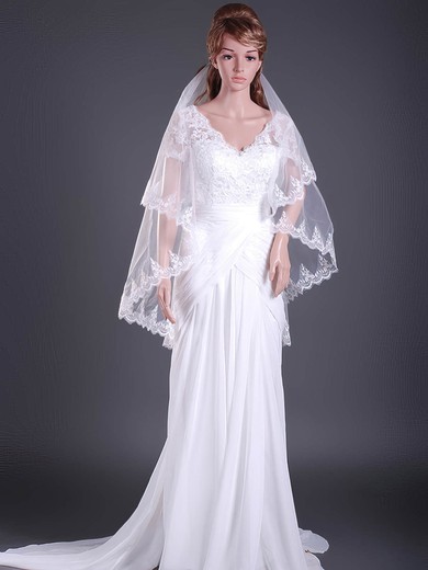 Fabulous Two-tier Tulle Fingertip Wedding Veils with Lace Applique Edge #1430031