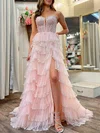 Ball Gown/Princess V-neck Tulle Sweep Train Prom Dresses With Appliques Lace #UKM020121724